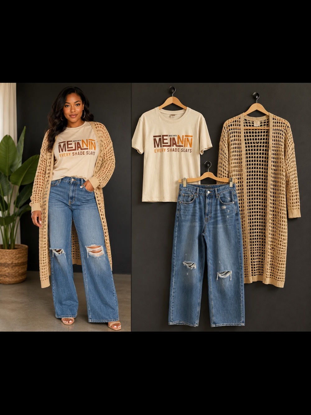 Cream 'Melanin Every Shade Slays' Tee with Tan Crochet Duster